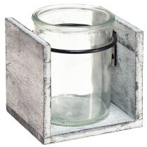 Theelichthouder van glas in rustiek houten frame - grijswit, 10x9x10cm - charmante tafeldecoratie 3 stuks