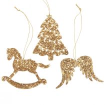 Artikel Decoratieve hanger hout goud glitter kerstboomversieringen 10cm 6st