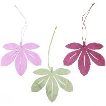 Artikel Decoratieve hanger hout herfstbladeren roze paars groen 12x10cm 12st