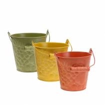 Artikel Decoratieve emmer fruit geel, oranje, groen gewassen Ø12.5cm H12cm set van 3