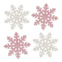 Artikel Sneeuwvlok 4cm roze/wit met glitters 72st
