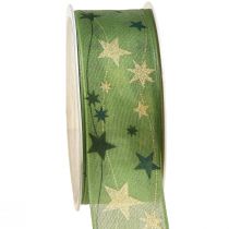 Artikel Kerstlint met sterren cadeaulint groen met draadrand 40mm 15m