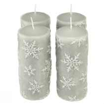 Artikel Stoerkaarsen grijze kaarsen sneeuwvlokken 150/65mm 4st