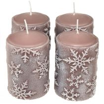 Artikel Stoerkaarsen roze kaarsen sneeuwvlokken 100/65mm 4st
