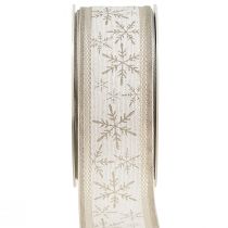 Artikel Kerstlint met sneeuwvlokken - winterlint met linnengehalte wit beige 40mm 12m