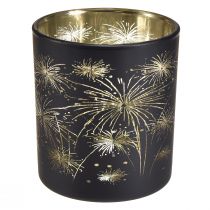 Artikel Elegante glazen lantaarn met vuurwerkontwerp - zwart en goud, 9 cm - ideale decoratie voor feestelijke gelegenheden - verpakking van 6