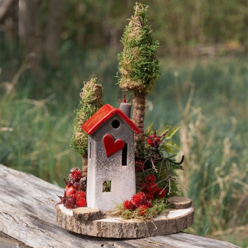 Keramieken huislantaarn met rood dak en hartvenster - 17,5 cm - Romantische verlichtingsdecoratie