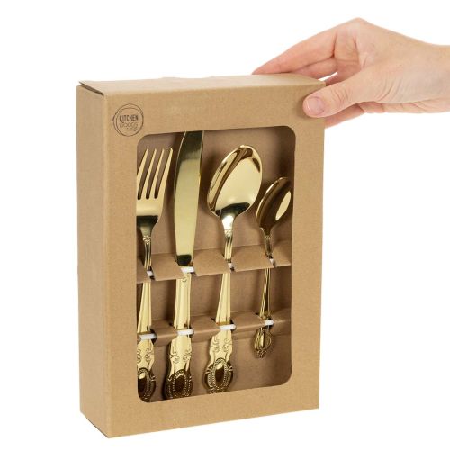 Artikel Gouden bestekset, 16-delig, in een kartonnen doos.