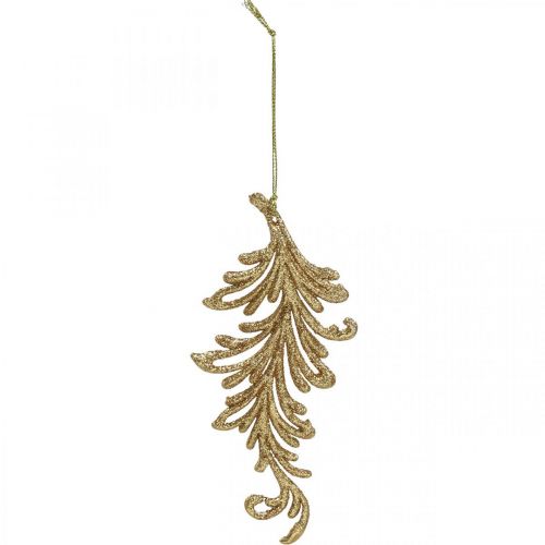 Artikel Boomhangers met glitters, decoratieve veren om op te hangen, kerstversiering goudkleurig L16cm 6 st