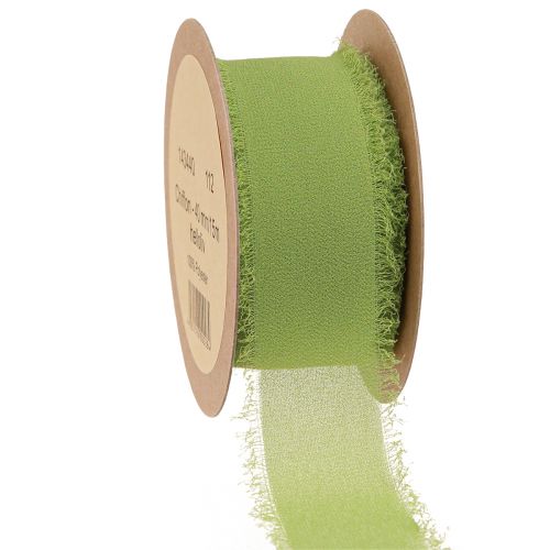 Floristik24 Chiffon lint groen stoffen lint met franjes licht olijfgroen 40mm 15m