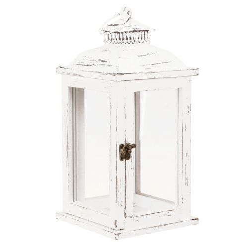 Decoratieve lantaarn shabby chic hout wit 17,5x17,5cm H37cm