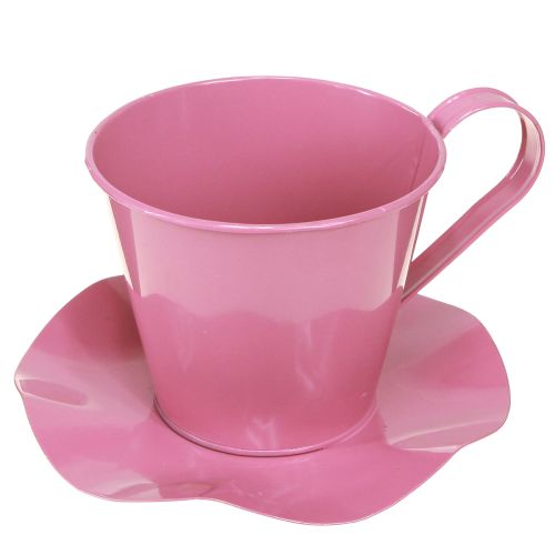 Decoratieve theekop metalen beker met bord roze Ø12 H10cm 8 st