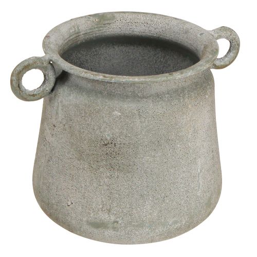 Sierpot vintage plantenbak metaal met handvatten grijs H13,5cm