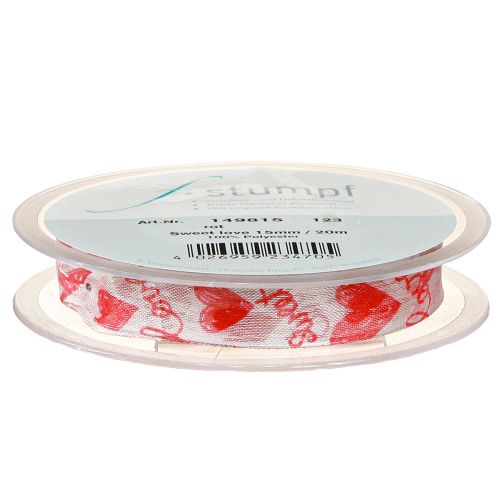 Artikel Decoratief lint met hartjes Love wit rood organza stof 15mm 20m