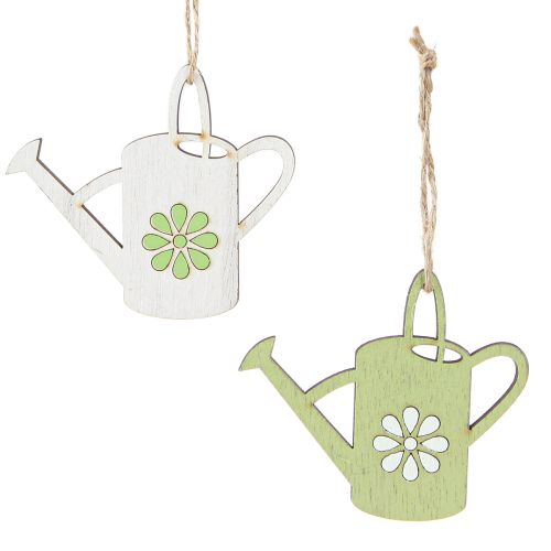 Decoratieve hanger gieter houtdecoratie naturel groen 8cm 12 st