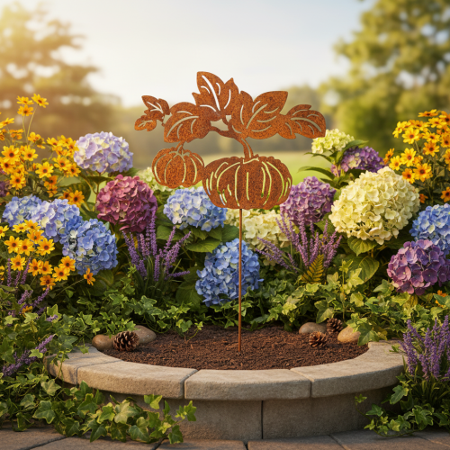 Artikel Tuinpaal met pompoenmotief, metalen decoratie, roestkleurige afwerking, 100 cm