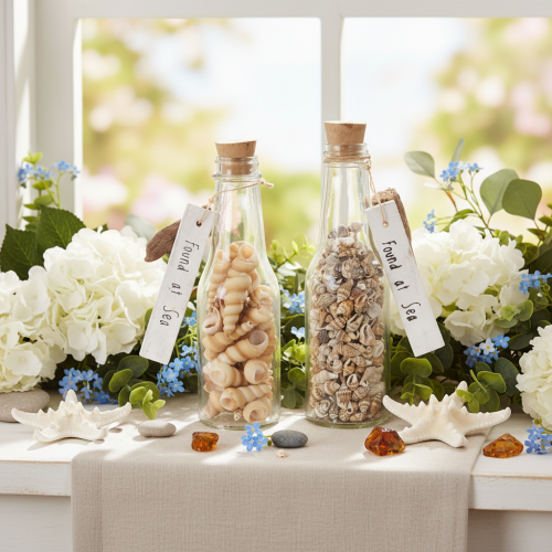 Artikel Glazen flesdecoratie met schelpen en hanger, maritieme tafeldecoratie, 17 cm, 2 stuks