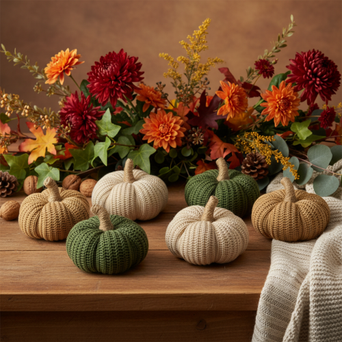 Artikel Decoratieve gebreide pompoenen, herfstdecoratie, 10 cm, 6 stuks