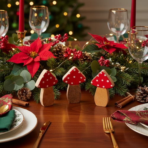 Artikel Houten paddenstoeldecoraties voor tafeldecoratie en cadeaus, 6 cm, 8 stuks