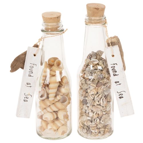 Artikel Glazen flesdecoratie met schelpen en hanger, maritieme tafeldecoratie, 17 cm, 2 stuks