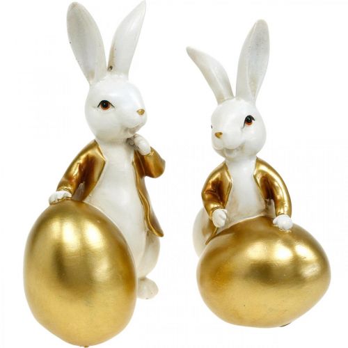 Floristik24.nl Paashaas wit-goud, Paasdecoratie, decoratief konijn met ei H16/18cm set 2 - goedkoop online kopen