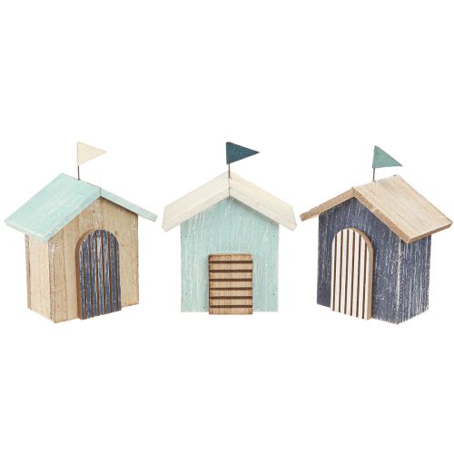 Houten huis strandhuis decoratie naturel blauw H9,5cm 3 st