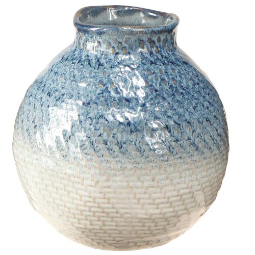 Keramische vaas geglazuurd blauw wit gevlochten look H18,5cm