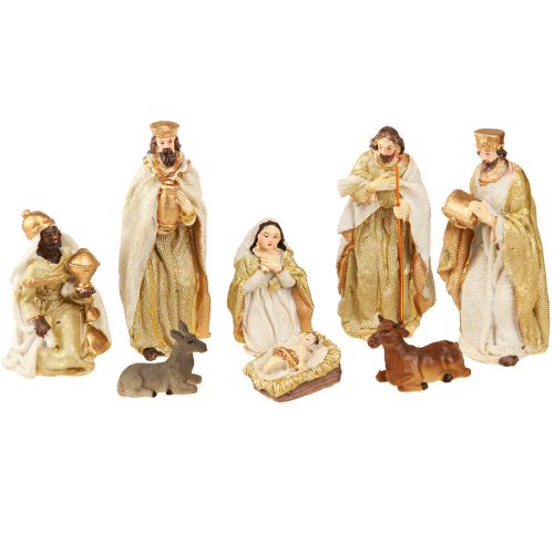 Kerststalfiguren set 8 figuren crème goud handgeschilderd 6-12,5cm