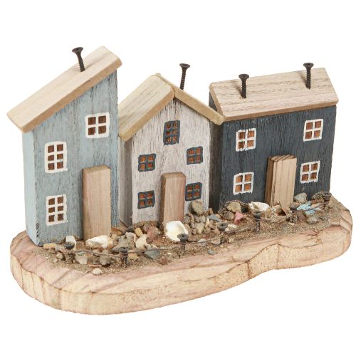 Maritieme decoratieve huizen houten vissersdorpje blauw wit 26×16×10cm