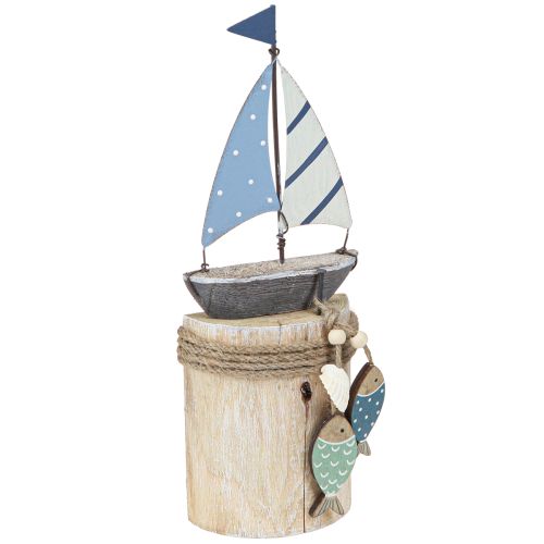 Maritieme decoratie zeilboot hout met vis wit blauw H24cm