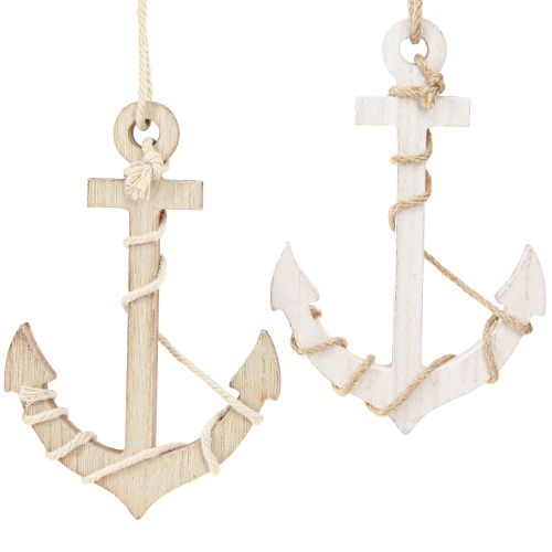 Maritiem houten anker om op te hangen wit naturel 13,5×20cm 2 st