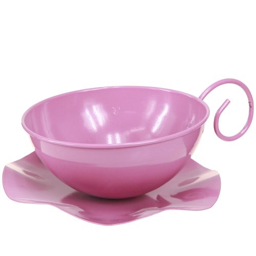 Metalen kop Ø16cm H9cm decoratieve kop met schotel roze 2st