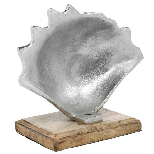 Artikel Shell om op te zetten, maritieme metalen decoratie met houten voet zilver, naturel 16 × 19cm