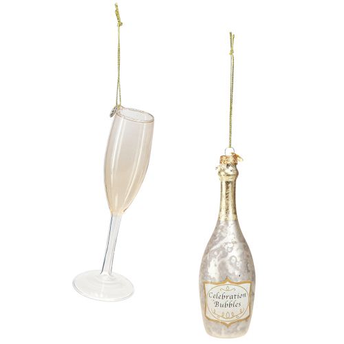 Champagnefles en glas, boomdecoraties, jubileum, glasdecoraties om op te hangen, oudejaarsavond H14.5cm echt glas set van 2