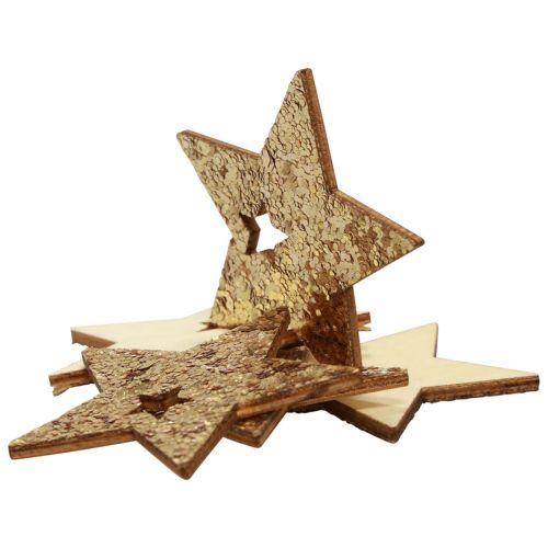 Artikel Strooidecoratie Kerst houten sterren naturel goud glitter 5cm 72st