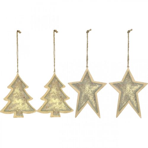 Artikel Metalen hangers spar en ster, kerstboomversieringen, kerstdecoratie gouden, antiek look H15.5 / 17cm 4st