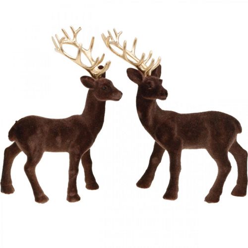 Kerstdecoratie decoratief hert om op te staan bruin, goud 20cm 2 st