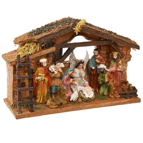 Artikel Kerststal met figuren en LED handgeschilderd 23×14cm