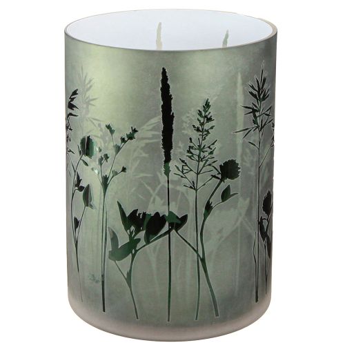 Lantaarn groot decoratief glas in witgroen motief weide H24cm