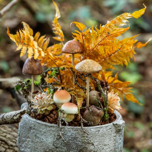 Artikel Decoratieve paddestoelen op stokjes klein en groot bruin H10/11,5cm 8 stuks