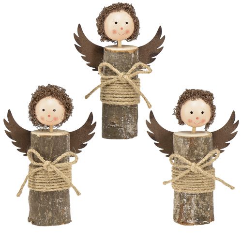 Engel met krullen houten decoratie Kerstmis naturel H15cm 3st