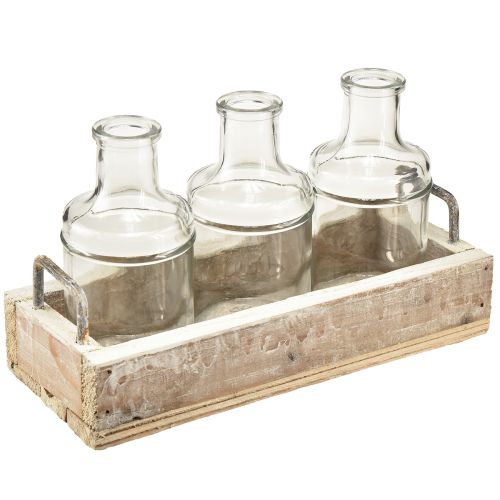 Fles decoratief glas met houten dienblad vintage 24x9,5x14cm