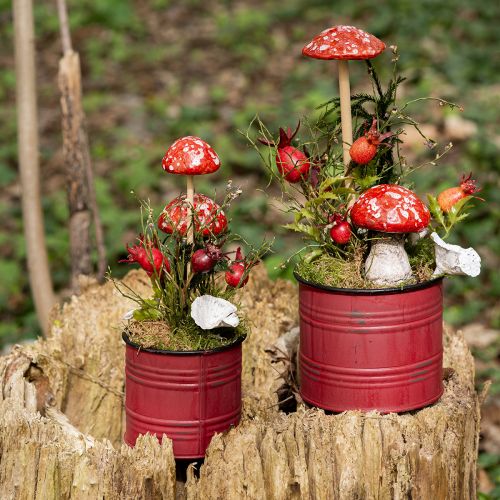 Paddestoelen op stokje, rood, 5,5 cm, set van 6 - decoratieve herfstpaddestoelen voor tuin en huis