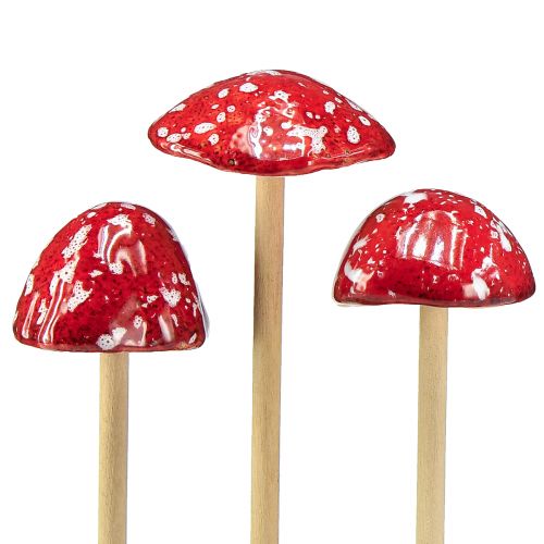 Artikel Paddestoelen op stokje, rood, 5,5 cm, set van 6 - decoratieve herfstpaddestoelen voor tuin en huis