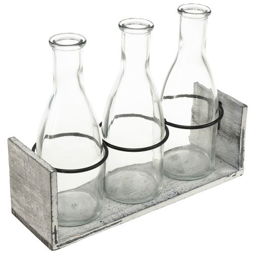 Rustieke flessenset in houten steun - 3 glazen flessen, grijswit, 24x8x20 cm - Veelzijdig ter decoratie