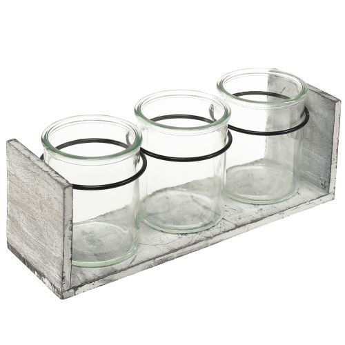 Rustieke glazen containerset in een grijs en witte houten standaard - 27,5x9x11 cm - Veelzijdige opberg- en decoratieve oplossing
