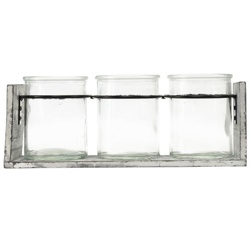 Artikel Rustieke glazen containerset in een grijs en witte houten standaard - 27,5x9x11 cm - Veelzijdige opberg- en decoratieve oplossing