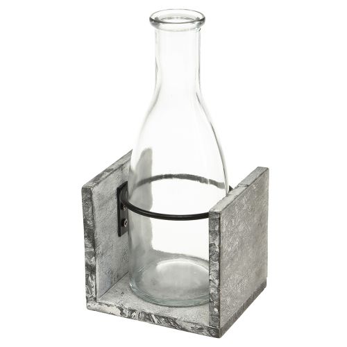 Glazen vaas in grijze houten standaard, 9,5x8x20cm - Rustieke decoratie in een set van 4
