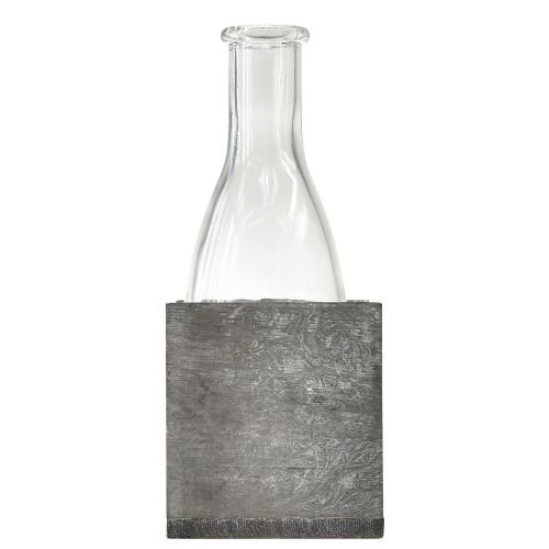 Artikel Glazen vaas in grijze houten standaard, 9,5x8x20cm - Rustieke decoratie in een set van 4