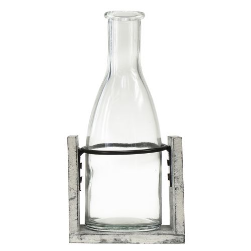 Artikel Glazen vaas in grijze houten standaard, 9,5x8x20cm - Rustieke decoratie in een set van 4